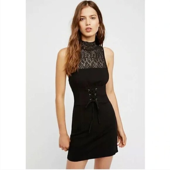 Free People High Society Black Lace Bodycon Mini Dress XS - Picture 1 of 8